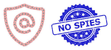 No Spies unclean stamp seal and vector fractal collage email address protection. Blue stamp seal has No Spies text inside rosette.のイラスト素材