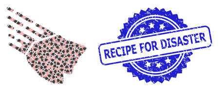 Recipe for Disaster corroded stamp and vector recursive collage falling rock stone. Blue stamp seal has Recipe for Disaster text inside rosette.のイラスト素材