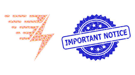 Important Notice dirty seal print and vector recursive mosaic electric power. Blue stamp contains Important Notice tag inside rosette.のイラスト素材