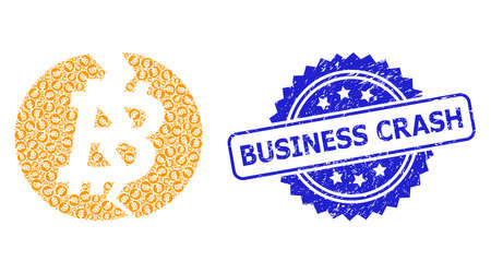 Business Crash dirty stamp seal and vector recursive composition broken bitcoin. Blue stamp seal has Business Crash title inside rosette.のイラスト素材