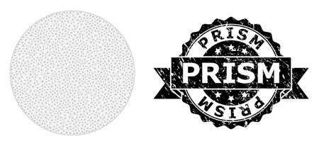 Prism unclean seal imitation and vector filled circle mesh model. Black stamp seal includes Prism caption inside ribbon and rosette. Abstract flat mesh filled circle, created from flat mesh.のイラスト素材