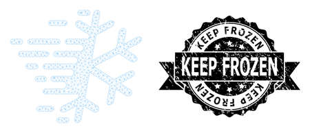 Keep Frozen unclean seal print and vector frost snowflake mesh structure. Black seal contains Keep Frozen caption inside ribbon and rosette. Abstract flat mesh frost snowflake,のイラスト素材