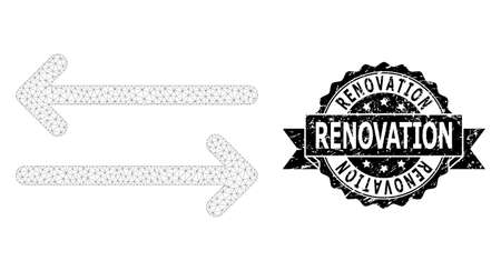 Renovation rubber stamp seal and vector flip arrows horizontally mesh model. Black stamp has Renovation tag inside ribbon and rosette. Abstract flat mesh flip arrows horizontally,のイラスト素材