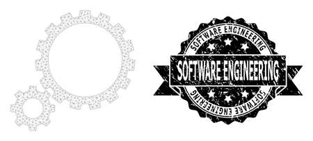 Software Engineering unclean seal imitation and vector gear transmission mesh model. Black stamp seal has Software Engineering title inside ribbon and rosette. Abstract flat mesh gear transmission,のイラスト素材