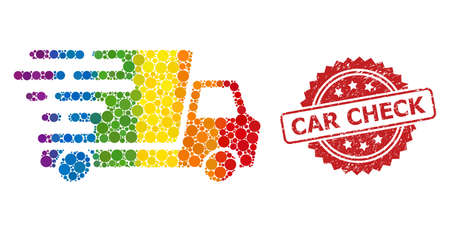 Delivery car collage icon of filled circle elements in variable sizes and LGBT colored color hues, and Car Check dirty rosette stamp. A dotted LGBT-colored Delivery car for lesbians, gays,のイラスト素材