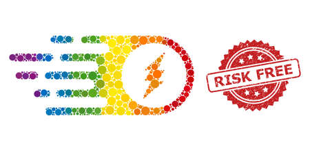Electric spark mosaic icon of circle dots in different sizes and rainbow color hues, and Risk Free dirty rosette stamp seal. A dotted LGBT-colored Electric spark for lesbians, gays,のイラスト素材