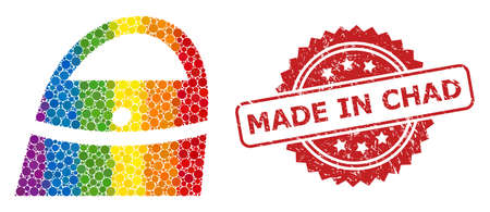Shopping bag collage icon of round dots in different sizes and LGBT color hues, and Made in Chad scratched rosette stamp. A dotted LGBT-colored Shopping bag for lesbians, gays, transgenders,のイラスト素材