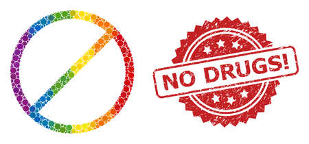 Restrict collage icon of spheric blots in variable sizes and LGBT color shades, and No Drugs! corroded rosette seal. A dotted LGBT-colored Restrict for lesbians, gays, transgenders, and bisexuals.のイラスト素材