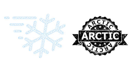 Arctic scratched seal imitation and vector frost wind mesh structure. Black seal contains Arctic text inside ribbon and rosette. Abstract flat mesh frost wind, built from flat mesh.のイラスト素材