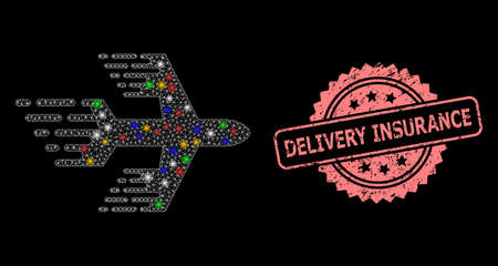 Glare mesh web airplane with bright dots, and Delivery Insurance corroded rosette seal. Illuminated vector mesh created from airplane pictogram.のイラスト素材
