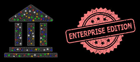 Glare mesh web bank building with flash nodes, and Enterprise Edition textured rosette stamp. Illuminated vector mesh created from bank building pictogram.のイラスト素材