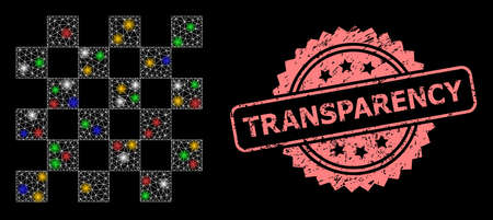 Glowing mesh network chess board with glowing spots, and Transparency rubber rosette seal print. Illuminated vector structure created from chess board pictogram.のイラスト素材