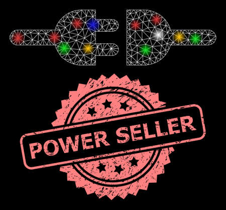 Glare mesh web electric connection with lightspots, and Power Seller grunge rosette seal print. Illuminated vector model created from electric connection pictogram.のイラスト素材