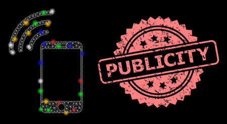 Shiny mesh web cellphone signal with glowing spots, and Publicity dirty rosette seal imitation. Illuminated vector mesh created from cellphone signal symbol.のイラスト素材