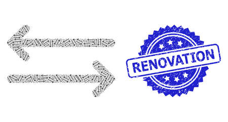 Renovation dirty stamp seal and vector fractal mosaic flip arrows horizontally. Blue stamp seal includes Renovation text inside rosette.のイラスト素材