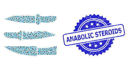 Anabolic Steroids rubber seal imitation and vector recursion mosaic knives. Blue stamp seal contains Anabolic Steroids text inside rosette.のイラスト素材