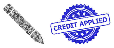Credit Applied corroded seal imitation and vector recursive collage pencil. Blue stamp seal includes Credit Applied text inside rosette. Vector collage is made with recursive rotated pencil items.のイラスト素材