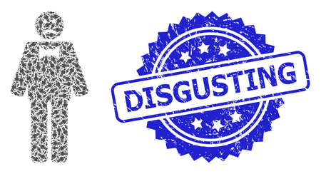 Disgusting corroded stamp seal and vector recursion collage sad man. Blue stamp seal has Disgusting caption inside rosette. Vector mosaic is designed with recursive rotated sad man icons.