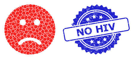 No HIV textured seal print and vector recursive mosaic sad smiley. Blue stamp seal has No HIV text inside rosette. Vector mosaic is created with random rotated sad smiley items.のイラスト素材