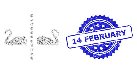 14 February unclean stamp seal and vector recursion collage separate swans. Blue stamp seal has 14 February text inside rosette. Vector mosaic is done with scattered rotated separate swans icons.のイラスト素材