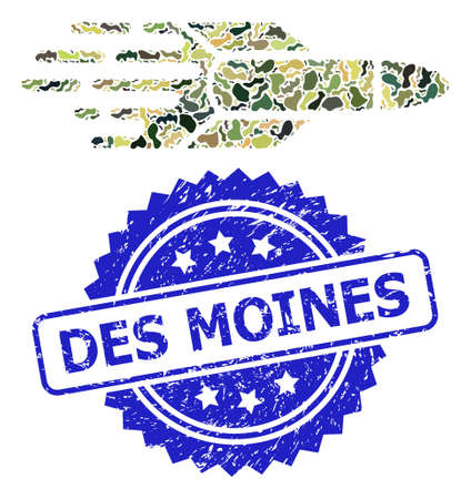 Military camouflage composition of missile, and Des Moines unclean rosette stamp seal. Blue stamp seal includes Des Moines caption inside rosette. Mosaic missile designed with camo spots.のイラスト素材