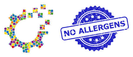 Vibrant mosaic auto gear repair, and No Allergens scratched rosette stamp seal. Blue stamp includes No Allergens tag inside rosette.のイラスト素材