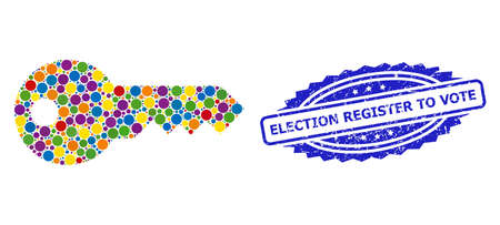 Vibrant mosaic key, and Election Register to Vote grunge rosette stamp seal. Blue stamp seal includes Election Register to Vote text inside rosette.のイラスト素材