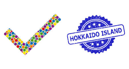 Multicolored mosaic yes tick, and Hokkaido Island scratched rosette stamp seal. Blue stamp seal has Hokkaido Island tag inside rosette.のイラスト素材
