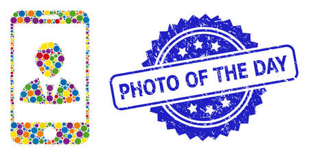 Multicolored mosaic mobile user profile, and Photo of the Day unclean rosette seal imitation. Blue stamp seal includes Photo of the Day tag inside rosette.のイラスト素材
