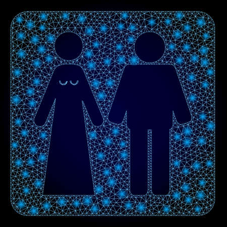 Bright mesh polygonal married groom and bribe with lightspots. Illuminated vector constellation created from married groom and bribe icon. Dark blue gradient background.のイラスト素材