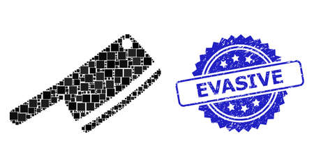 Vector mosaic butchery knife, and Evasive corroded rosette stamp seal. Blue stamp seal contains Evasive caption inside rosette.のイラスト素材