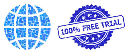 Vector mosaic globe, and 100% Free Trial dirty rosette stamp seal. Blue stamp seal contains 100% Free Trial text inside rosette. Square dots are grouped into abstract collage globe icon.のイラスト素材