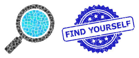 Vector collage search loupe, and Find Yourself textured rosette stamp seal. Blue stamp has Find Yourself caption inside rosette. Square parts are arranged into abstract collage search loupe icon.のイラスト素材