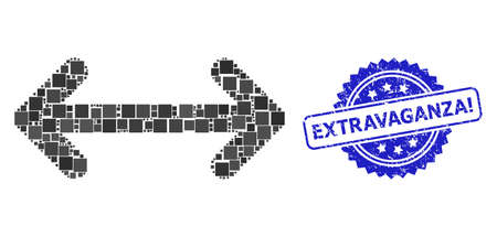 Vector mosaic swap arrows, and Extravaganza! unclean rosette seal. Blue seal has Extravaganza! caption inside rosette. Square parts are grouped into abstract mosaic swap arrows icon.のイラスト素材