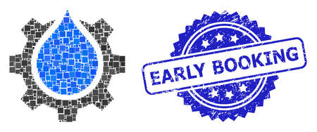 Vector collage water gear service, and Early Booking textured rosette stamp seal. Blue seal includes Early Booking text inside rosette.のイラスト素材