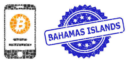 Vector collage mobile bitcoin account, and Bahamas Islands rubber rosette stamp. Blue stamp seal includes Bahamas Islands text inside rosette.のイラスト素材
