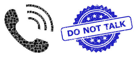 Vector collage phone call, and Do Not Talk textured rosette seal imitation. Blue seal includes Do Not Talk tag inside rosette. Square dots are arranged into abstract collage phone call icon.のイラスト素材