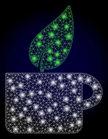 Glowing mesh web herbal tea with lightspots. Illuminated vector model created from herbal tea icon. Dark blue gradient background. Sparkle frame mesh polygonal herbal tea.のイラスト素材