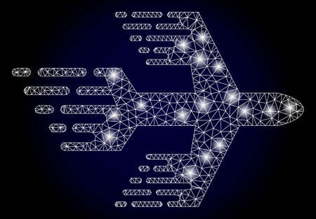 Shiny mesh polygonal airplane with glowing spots. Illuminated vector constellation created from...