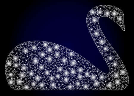 Glowing mesh polygonal goose with glowing spots. Illuminated vector model created from goose icon. Dark blue gradiented background. Sparkle frame mesh polygonal goose.のイラスト素材
