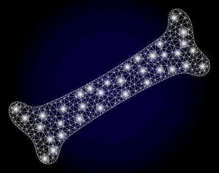 Glowing mesh network bone with glowing spots. Illuminated vector model created from bone icon. Dark blue gradient background. Sparkle frame mesh polygonal bone.のイラスト素材