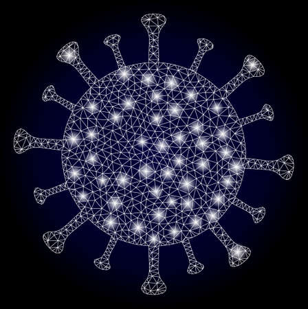 Glowing mesh network Covid-19 virus with glowing spots. Illuminated vector model created from Covid-19 virus icon. Dark blue gradiented background. Sparkle carcass mesh polygonal Covid-19 virus.のイラスト素材