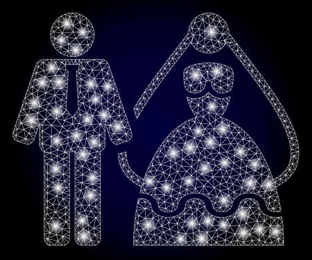 Shiny mesh polygonal bride and groom with lightspots. Illuminated vector model created from bride and groom icon. Dark blue gradient background. Sparkle frame mesh polygonal bride and groom.のイラスト素材