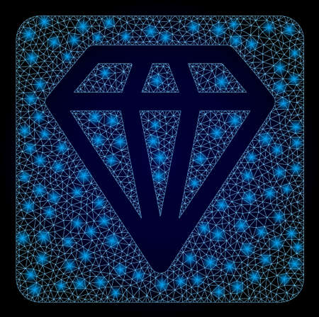 Glowing mesh polygonal diamond with glowing spots. Illuminated vector model created from diamond icon. Dark blue gradiented background. Sparkle carcass mesh polygonal diamond.のイラスト素材