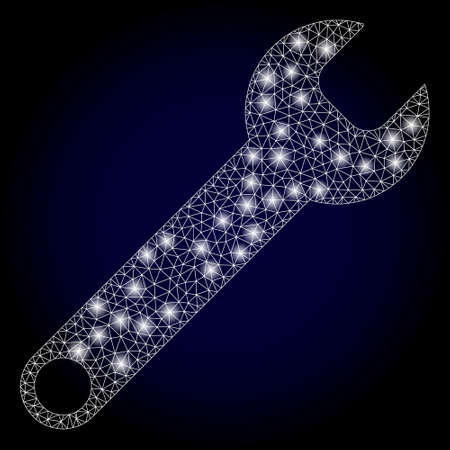 Glare mesh polygonal spanner with glowing spots. Illuminated vector model created from spanner icon. Dark blue gradiented background. Sparkle frame mesh polygonal spanner.のイラスト素材