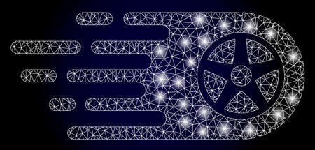 Glowing mesh network tire wheel with light spots. Illuminated vector constellation created from tire...