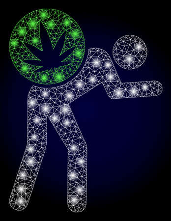 Glare mesh polygonal cannabis courier with light spots. Illuminated vector constellation created from cannabis courier icon. Dark blue gradient background.のイラスト素材