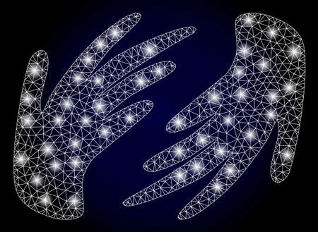 Glowing mesh net hands with glowing spots. Illuminated vector model created from hands icon. Dark blue gradiented background. Sparkle frame mesh polygonal hands.のイラスト素材