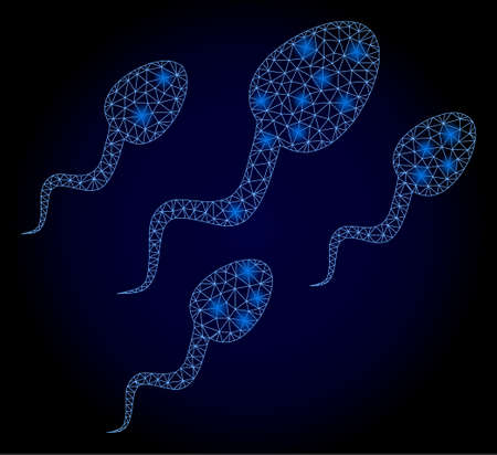 Glowing mesh polygonal sperm cells with glowing spots. Illuminated vector model created from sperm cells icon. Dark blue gradient background. Sparkle frame mesh polygonal sperm cells.のイラスト素材