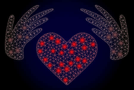 Glare mesh polygonal handmade love with glowing spots. Illuminated vector model created from handmade love icon. Dark blue gradiented background. Sparkle frame mesh polygonal handmade love.のイラスト素材